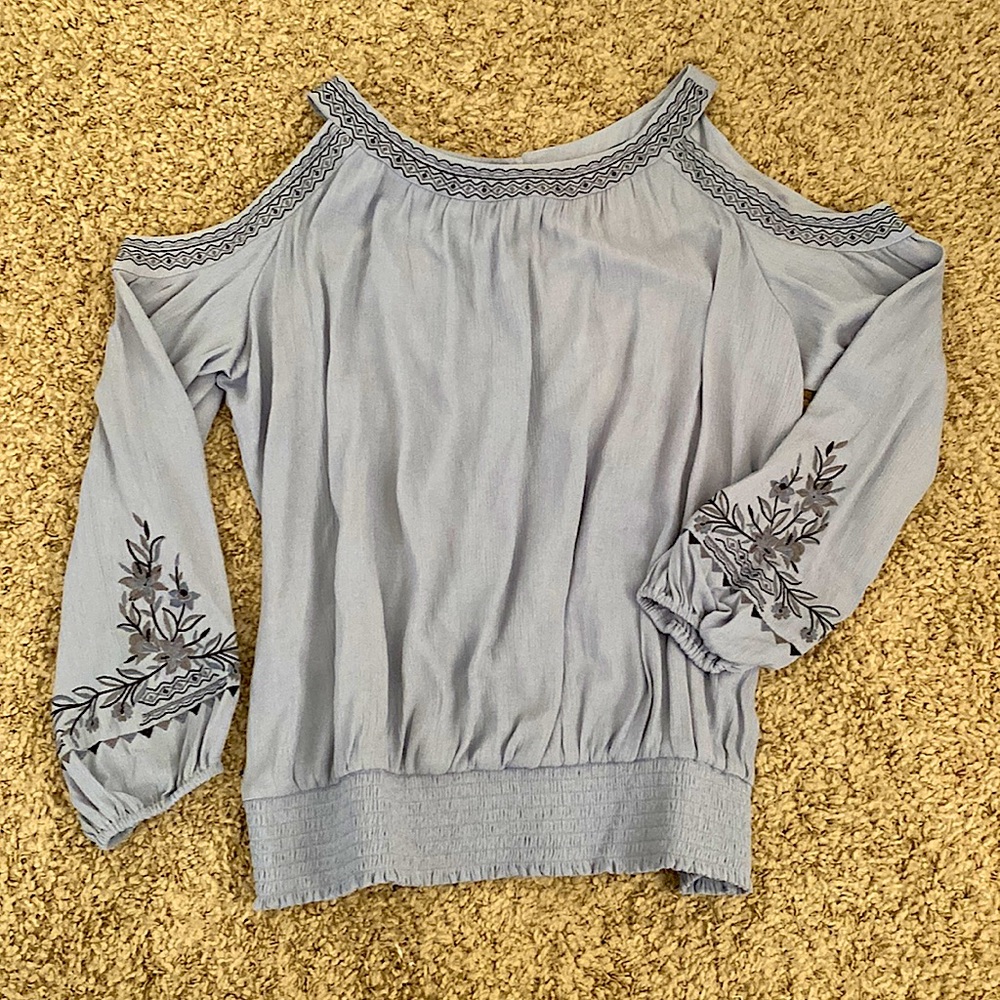 Light Blue Long Sleeves Shirt with Shoulder cut-outs - Embroidered Sleeves Shirt